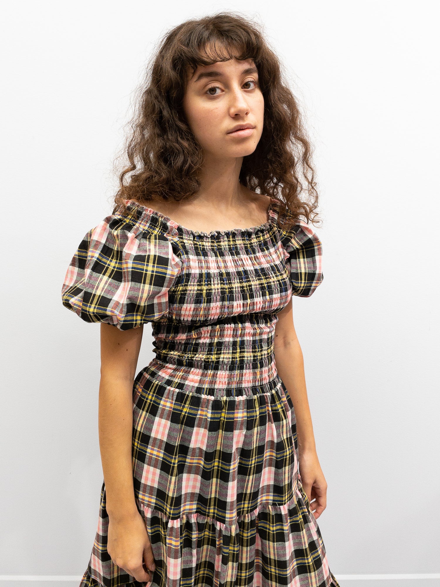 Off-Shoulder Smocked Dress Short - Pink/Yellow Check