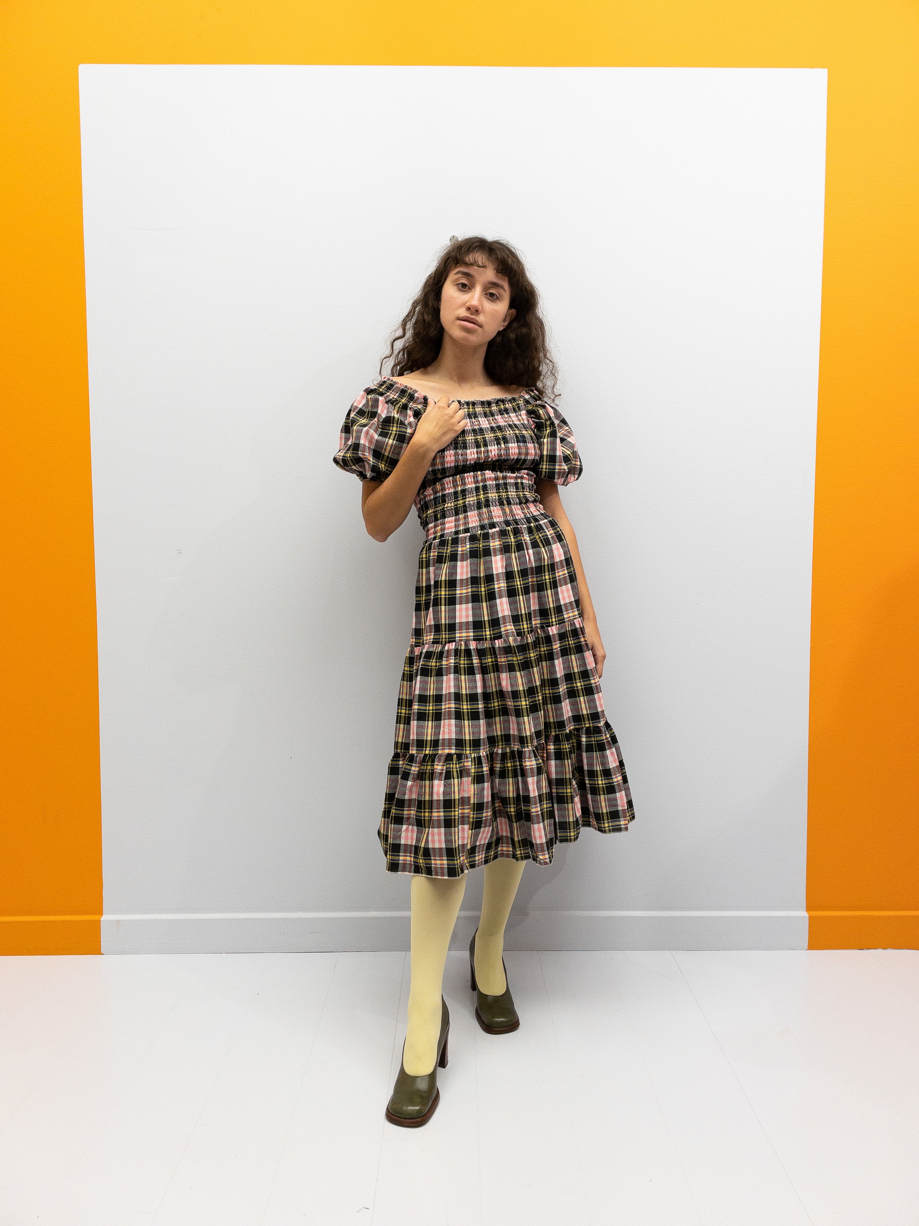 Off-Shoulder Smocked Dress Short - Pink/Yellow Check