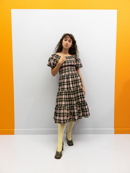 Off-Shoulder Smocked Dress Short - Pink/Yellow Check