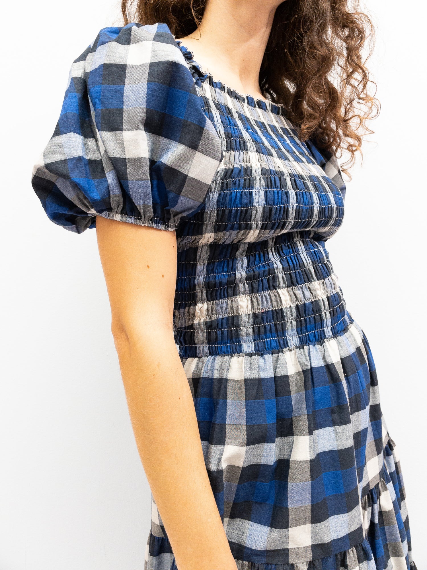 Off Shoulder Smock Dress Short - Dark Blue Check